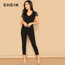 Load image into Gallery viewer, SHEIN Black V Neck Lace Sleeve Skinny Jumpsuit 2019 Women Mid Waist Short Sleeve Trouser Highstreet V Neck Spring Jumpsuits