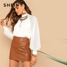 Load image into Gallery viewer, SHEIN White Mock Neck Eyelet Bishop Raglan Sleeve Top Women Elegant T-shirt Spring Solid Office Lady Workwear Tshirts