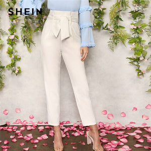 SHEIN Women White Elegant High Waist Self Belted Carrot Plain Pants 2019 Spring Office Lady Basic Workwear Women Trousers