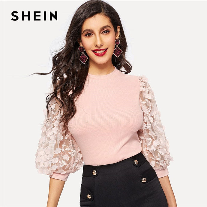 SHEIN Pink Lady Elegant Bishop Sleeve Lace Floral Appliques Rib-Knit Tee Women Spring Casual High Street Fashion Tshirt Tops