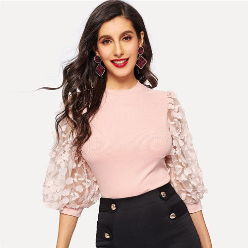 SHEIN Pink Lady Elegant Bishop Sleeve Lace Floral Appliques Rib-Knit Tee Women Spring Casual High Street Fashion Tshirt Tops