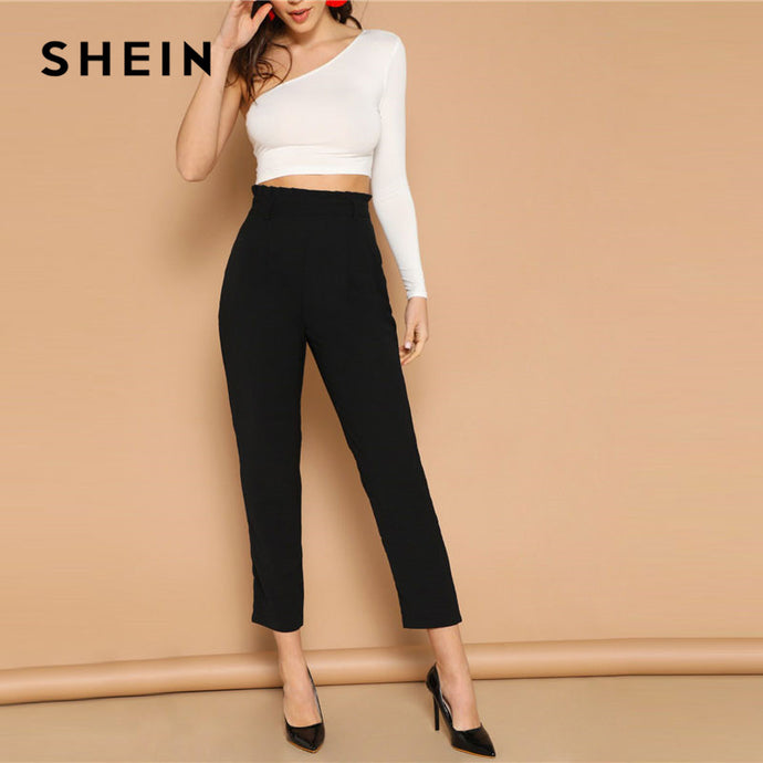 SHEIN Black Elegant Office Lady Paperbag Waist Tapered Solid Minimalist Pants 2019 Spring Casual Workwear Crop Trousers