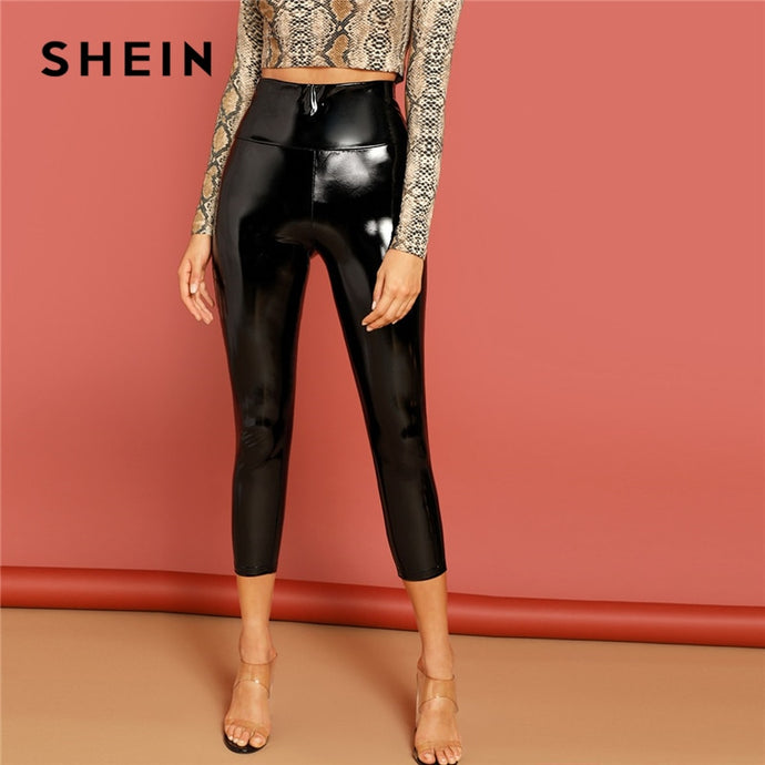 SHEIN Black Solid PU Skinny Mid-Calf Leggings Women Summer 2019 High Waist Streetwear High Street Glamorous Leggings