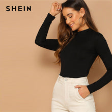 Load image into Gallery viewer, SHEIN Spring Lady Black Solid Form Slim Fit Tee Women Highstreet Stand Collar Mock Neck Casual Long Sleeve Tshirt Tops