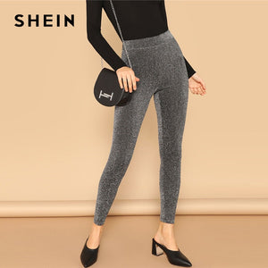 SHEIN Silver Glamorous Elastic Waist Sparkle Maxi Leggings Spring Women Streetwear Casual stretchy Solid Leggings Pants