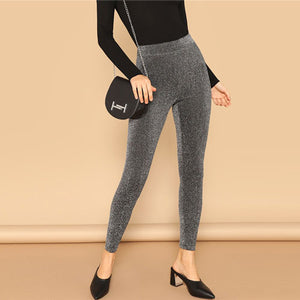 SHEIN Silver Glamorous Elastic Waist Sparkle Maxi Leggings Spring Women Streetwear Casual stretchy Solid Leggings Pants