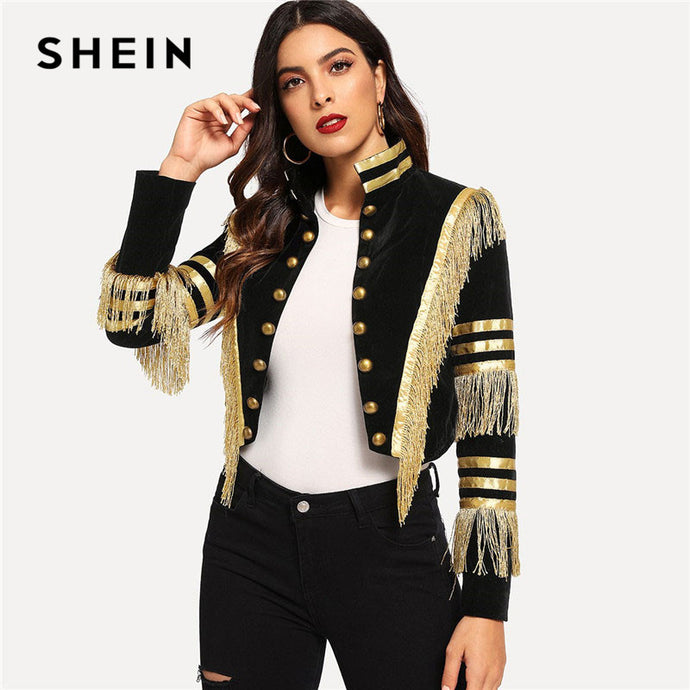 SHEIN Lady Fringe Patched Metallic Double Breasted Stripe Black Gothic Jacket Women Autumn Stand Collar Cropped Jacket