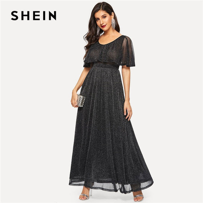 SHEIN Black Summer Glamorous High Waist Flare Glitter Cape Maxi Dress Women Solid Elegant Scoop Neck A-Line Long Party Dresses