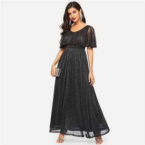 SHEIN Black Summer Glamorous High Waist Flare Glitter Cape Maxi Dress Women Solid Elegant Scoop Neck A-Line Long Party Dresses