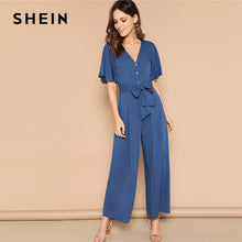 Load image into Gallery viewer, SHEIN Blue Button Front Flutter Sleeve Belted Palazzo Jumpsuit Spring High Waist V neck Flounce Sleeve Women Jumpsuits