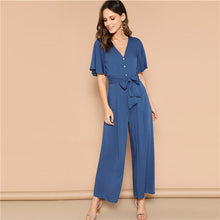 Load image into Gallery viewer, SHEIN Blue Button Front Flutter Sleeve Belted Palazzo Jumpsuit Spring High Waist V neck Flounce Sleeve Women Jumpsuits