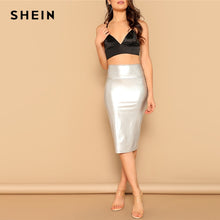 Load image into Gallery viewer, SHEIN Glamorous Silver Wide Waist Metallic Bodycon Skirt Summer Elegant Office Lady High Waist Pencil Solid Bodycon Long Skirt