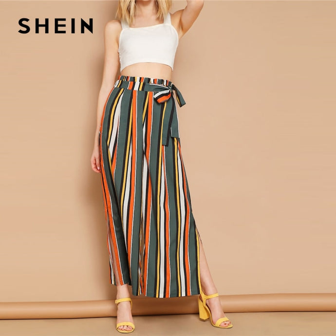 SHEIN Boho Multicolor Self Belted Split Side Colorful Striped Palazzo Pants Trousers Women High Waist Long Pants For Spring