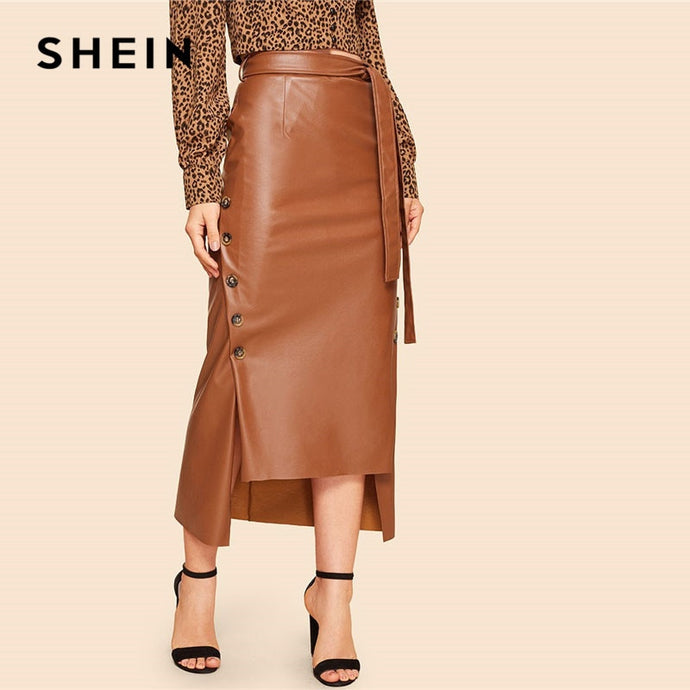 SHEIN Brown Elegant Split Hem Front Double Button Belted Leather Look Long Skirt Office Lady Solid Workwear Maxi Skirts