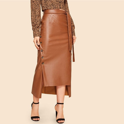 SHEIN Brown Elegant Split Hem Front Double Button Belted Leather Look Long Skirt Office Lady Solid Workwear Maxi Skirts