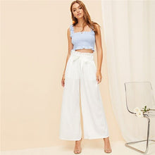 Load image into Gallery viewer, SHEIN White Zipper Fly Eyelet Frilled Waist Flare Hem Pants Solid Women Office Lady Spring Elegant Casual Wide Leg Pants