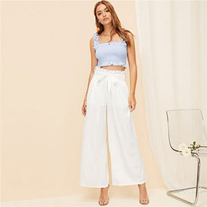 SHEIN White Zipper Fly Eyelet Frilled Waist Flare Hem Pants Solid Women Office Lady Spring Elegant Casual Wide Leg Pants