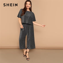 Load image into Gallery viewer, SHEIN Gray Plus Size Cutout Back Short Sleeve Glitter Tops With Palazzo Pants Women Sets Wide Leg Crop Trousers Two Pieces Suits