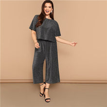 Load image into Gallery viewer, SHEIN Gray Plus Size Cutout Back Short Sleeve Glitter Tops With Palazzo Pants Women Sets Wide Leg Crop Trousers Two Pieces Suits