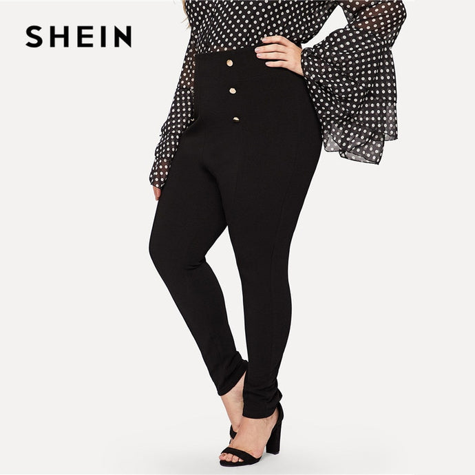 SHEIN Black High Waist Double Breasted Zipper Closure Pencil Pants Women Plus Size 2019 Classy Office Lady Skinny Trousers