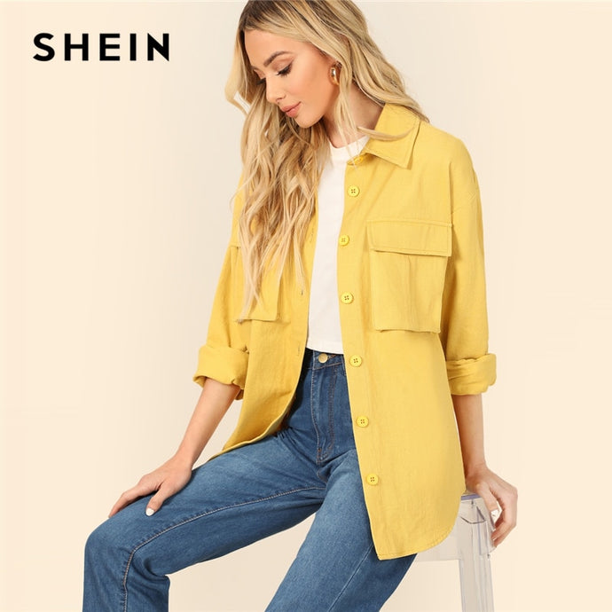 SHEIN Yellow Dual Flap Pocket Front Shirt Plain Jacket Autumn 2019 Casual Regular Single Breasted Women Coat Outerwear