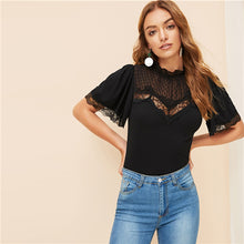 Load image into Gallery viewer, SHEIN Black Lace Insert Mesh Yoke Mock-neck Slim Fitted Tee Women Summer Office Lady Elegant Butterfly Sleeve Solid T-shirt Tops
