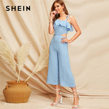 Load image into Gallery viewer, SHEIN Glamorous Blue Ruffle Detail Cutout One Shoulder Knot Zipper Jumpsuit Spring Women Mid Waist Modern Lady Jumpsuits