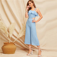 Load image into Gallery viewer, SHEIN Glamorous Blue Ruffle Detail Cutout One Shoulder Knot Zipper Jumpsuit Spring Women Mid Waist Modern Lady Jumpsuits