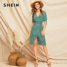 Load image into Gallery viewer, SHEIN Boho Green Knot Cuff Split Hem Dalmatian Tea Dress Spring Women Deep V Neck High Waist Bishop Sleeve Elegant Dresses