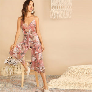 SHEIN Boho Surplice Neck Botanical Ruffle Cami Wide Leg Jumpsuit Women Deep V Neck Sleeveless Sexy Jumpsuit Summer Jumpsuit