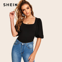 Load image into Gallery viewer, SHEIN Black Square Neck Puff Sleeve Solid Top Plain Tee Women Slim Fit Elegant T-shirt Half Sleeve Spring Solid Tshirts Top