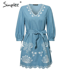 Simplee Summer v neck embrodiery denim dress women Elegant sashes short blue jeans dresses Casual holiday ladies beach dress