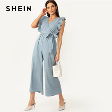 Load image into Gallery viewer, SHEIN Elegant Blue V Neck Pleated Ruffle Trim Wrap Wide Leg Belted Party Jumpsuit Women Summer 2019 Office Lady Solid Jumpsuits