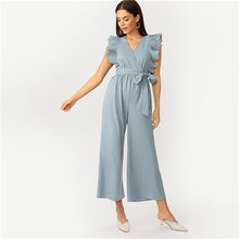 Load image into Gallery viewer, SHEIN Elegant Blue V Neck Pleated Ruffle Trim Wrap Wide Leg Belted Party Jumpsuit Women Summer 2019 Office Lady Solid Jumpsuits