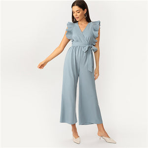 SHEIN Elegant Blue V Neck Pleated Ruffle Trim Wrap Wide Leg Belted Party Jumpsuit Women Summer 2019 Office Lady Solid Jumpsuits
