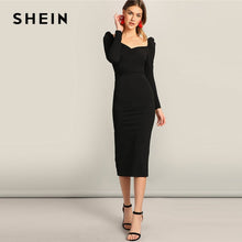 Load image into Gallery viewer, SHEIN Black Surplice Neck Sweetheart Puff Sleeve Split Pencil Plain Bodycon Dress Women Spring Elegant High Waist Dress