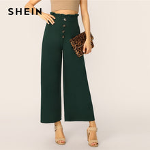 Load image into Gallery viewer, SHEIN Green Paperbag Waist Button Front Wide Leg Plain Pants Women 2019 Spring High Waist Workwear Elastic Waist Trousers