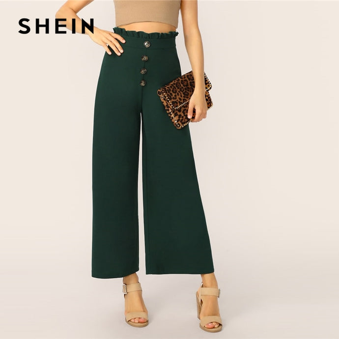 SHEIN Green Paperbag Waist Button Front Wide Leg Plain Pants Women 2019 Spring High Waist Workwear Elastic Waist Trousers