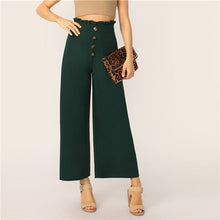 Load image into Gallery viewer, SHEIN Green Paperbag Waist Button Front Wide Leg Plain Pants Women 2019 Spring High Waist Workwear Elastic Waist Trousers