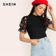 Load image into Gallery viewer, SHEIN Elegant Black Frilled Neck Dot Mesh Puff Sleeve Solid Tee Slim Fitted T Shirt Women Spring 2019 Office Lady Tshirt Tops