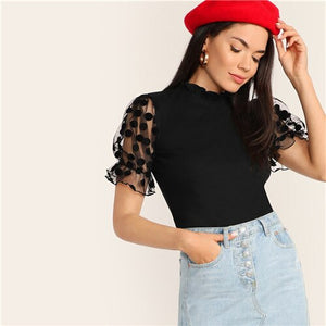 SHEIN Elegant Black Frilled Neck Dot Mesh Puff Sleeve Solid Tee Slim Fitted T Shirt Women Spring 2019 Office Lady Tshirt Tops