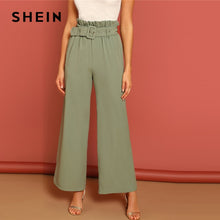 Load image into Gallery viewer, SHEIN Green Paperbag Waist Wide Leg Belted Plain Pants Women  Office Lady 2019 Spring Elegant Elastic Waist High Waist Pants