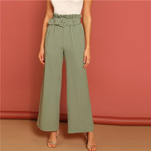 Load image into Gallery viewer, SHEIN Green Paperbag Waist Wide Leg Belted Plain Pants Women  Office Lady 2019 Spring Elegant Elastic Waist High Waist Pants