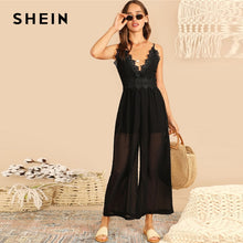 Load image into Gallery viewer, SHEIN Boho Black Lace Trim Dot Jacquard Wide Leg Sleeveless Cami Jumpsuit Women Solid High Street Deep V Neck Jumpsuits