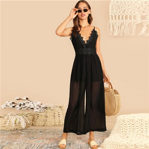 SHEIN Boho Black Lace Trim Dot Jacquard Wide Leg Sleeveless Cami Jumpsuit Women Solid High Street Deep V Neck Jumpsuits