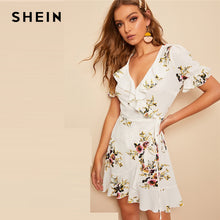 Load image into Gallery viewer, SHEIN Boho White Botanical Print Ruffle Trim Wrap Flounce Sleeve Dress V Neck Modern Lady Short Sleeve Women A Line Dresses