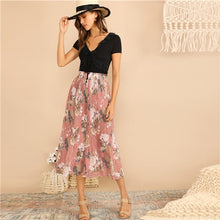 Load image into Gallery viewer, SHEIN Boho Pink Frilled Waist Botanical Pleated Floral Culotte Pants Women 2019 Spring Elastic Waist Mid Waist Trousers