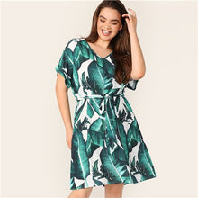 Load image into Gallery viewer, SHEIN Plus V Neck Tropical Print Belted Dress Women Summer 2019 Tunic Boho Straight With Belt Plus Size Short Sleeve Dress