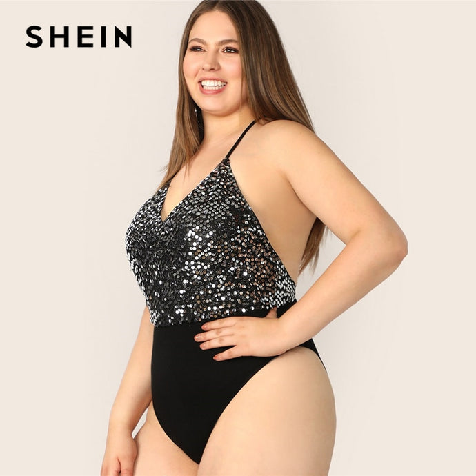 SHEIN Plus Size Contrast Sequin Bodice Backless Halter Bodysuit Women Solid 2019 Summer Sexy And Club Sleeveless Plus Bodysuits