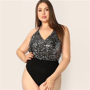 SHEIN Plus Size Contrast Sequin Bodice Backless Halter Bodysuit Women Solid 2019 Summer Sexy And Club Sleeveless Plus Bodysuits